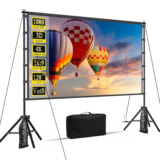 120 inch Projector Screen with Stand, Portable Outdoor Projection Screen Rear Front Movie Screen with Carry Bag Wrinkle-Free 16:9 4K Washable for Indoor Home Theater, Backyard Movie Night