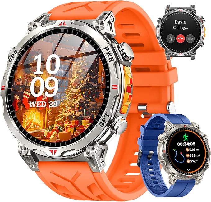 Military Smart Watches for Men GPS, 1.56" AMOLED Screen Bluetooth Call, Smartwatch for Android Phones and iPhone, 100+ Sport Modes, 3ATM Waterproof Smart Watch with Compass(Orange & Blue)