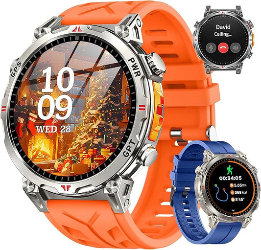 Military Smart Watches for Men GPS, 1.56" AMOLED Screen Bluetooth Call, Smartwatch for Android Phones and iPhone, 100+ Sport Modes, 3ATM Waterproof Smart Watch with Compass(Orange & Blue)