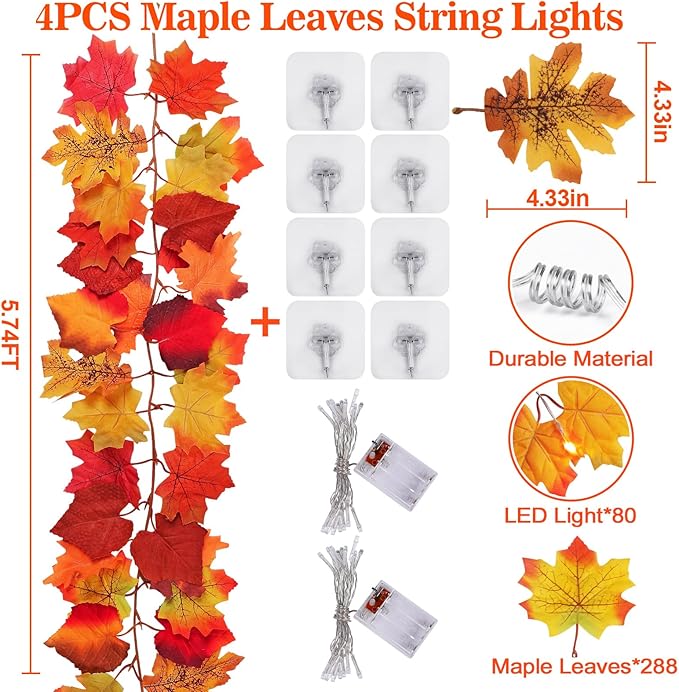 4 Pack Fall Decor Garland - Fall Thanksgiving Decorations for Home - 23.6Ft Maple Leaves Garland with Lights Battery Operated for Mantle Fireplace Table Indoor Outdoor Autumn Halloween Christmas Decor