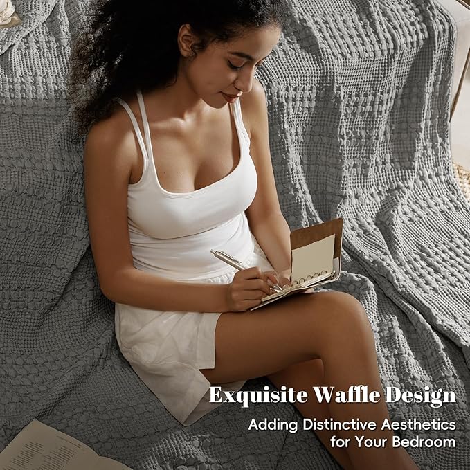PHF 100% Cotton Waffle Weave Blanket Twin Size, Soft Lightweight Breathable Cozy Summer Blankets for Bed, Luxury Aesthetic Woven Bedding for Home Decor, 66"x90", Dark Grey
