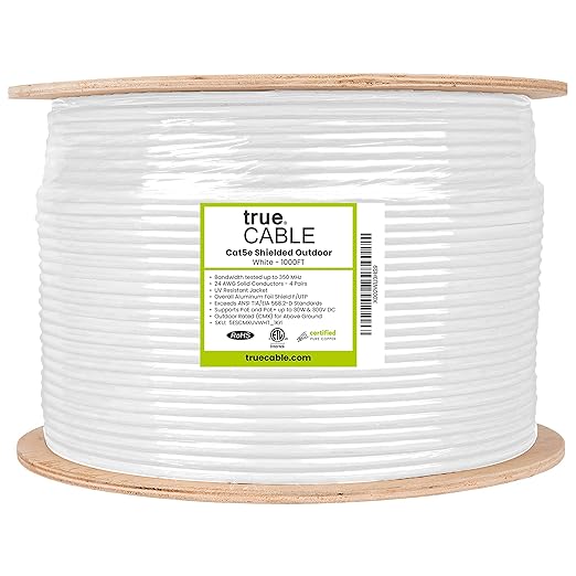 trueCABLE Cat5e Outdoor, Shielded F/UTP, 1000ft, UV Resistant, CMX Rated, White, 24AWG Solid Bare Copper, 350MHz, PoE++ (4PPoE), ETL Listed, Bulk Ethernet Cable
