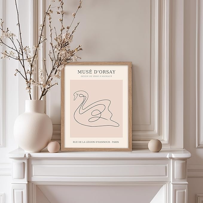 Poster Master Vintage Poster - Retro One Line Swan Drawing Print - Swan Art - Bird Art - Minimal Gift for Her, Animal Lover - Abstract Decor for Home, Office, Bedroom, 11x14 Beige Framed