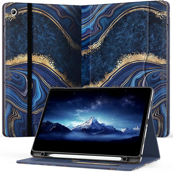 OKP Case for Samsug Galaxy Tab A9+ Plus 11 inch 2024(SM-X210/X216/X218), PU Leather Folio Cover with Multi-Angle Stand//Pen Holder, Auto Wake/Sleep Case for Galaxy A9+ 11" Tablet (Marble Oceanblue)