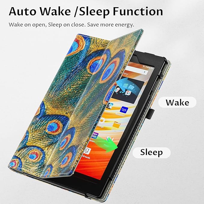 VORI Case for All-New Amazon Kindle Fire HD 10 Tablet (13th/11th Generation 2023/2021 Release) and Fire HD 10 Plus 10.1" - Slim Folding Stand Folio Cover with Auto Wake/Sleep & Hand Strap, Peacock