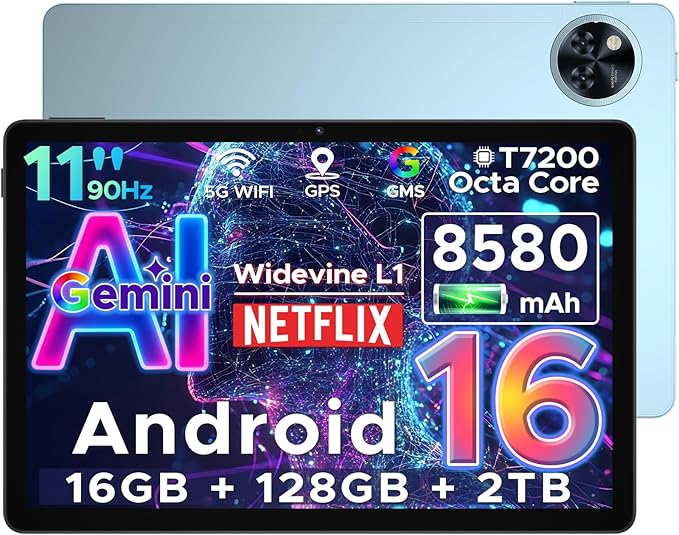 DOOGEE U11 Android 16 Tablet,11 Inch Tablet with Gemini AI,16GB+128GB/2TB,8580mAh Gaming Tablets,Unisoc T7200 Octa-Core,13MP+5MP Tablets,2.4G+5G WIFI/WidevineL1/3.5mm Audio/Face ID/OTG
