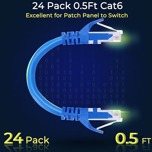 Rapink Patch Cables Cat6 0.5ft (48 Pack), Ethernet Patch Cable 10G, Cat 6 Patch Cable for Patch Panel to Switch, Flexiable Cat 6 Ethernet Cable with Gold Plated Blue