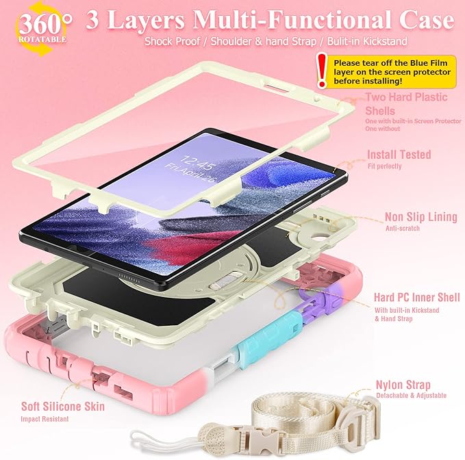 SEYMAC stock Case for Samsung Galaxy Tab A7 Lite 8.7'' with Screen Protector Pencil Holder [360 Rotating Hand Strap] &Stand, Drop-Proof Case for Samsung A7 Lite 2021 SM-T220/T225/T227, Yellowish/Pink