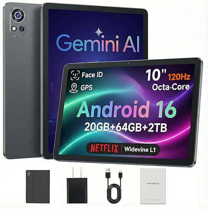 Android Tablet 10 Inch Tablets Android 16, Gemini AI, 120Hz Display, 20GB RAM, 64GB ROM+2TB Expandable, Widevine L1, 6000mAh, GPS, Face ID, Parent Control tablets with Case for Gaming, Car & Home