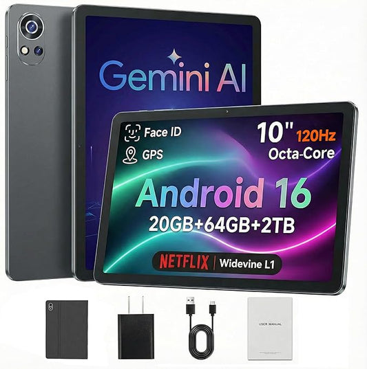 Android Tablet 10 Inch Tablets Android 16, Gemini AI, 120Hz Display, 20GB RAM, 64GB ROM+2TB Expandable, Widevine L1, 6000mAh, GPS, Face ID, Parent Control tablets with Case for Gaming, Car & Home