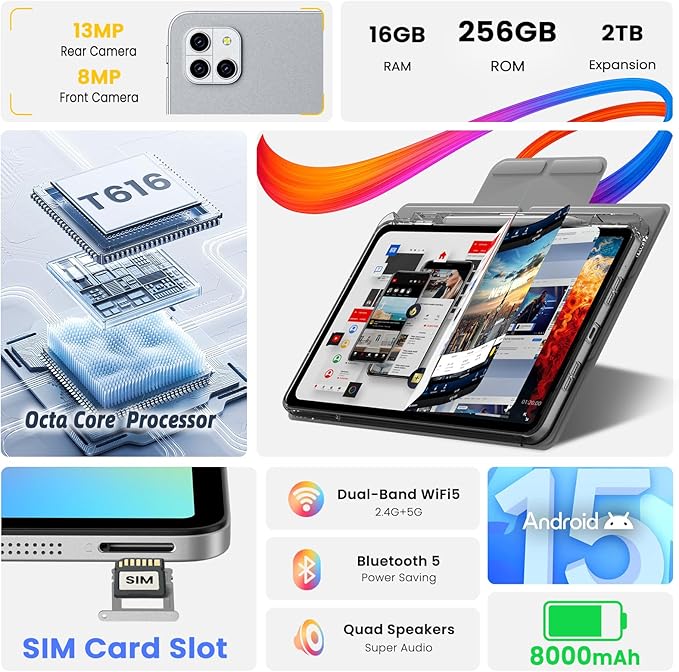 Android Tablet, Stylus & Flip Case Included, Octa-Core Processor, 12″ 2000×1200 FHD IPS Eye-Protection Display, Drawing & Note-Taking, 16GB RAM 256GB Storage, 8000mAh Battery – Gift for Students