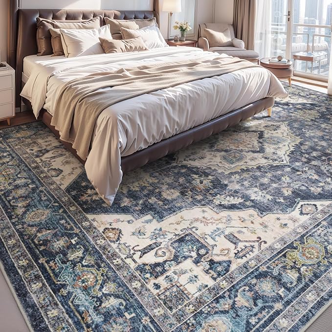 AMOAMI-Area Rug 9X12 Rugs for Living Room-Vintage Soft Blue Rugs for Bedroom-Non Slip Carpet-Washable Rug for Dining Room Living Room Bedroom Office Under Table