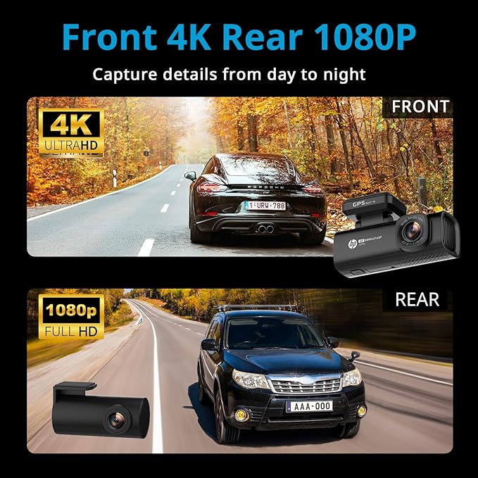 HP Dash Cam Front and Rear, 4K + 1080P Dual Camera for Car, Built-in 64GB Card, Night Vision, APP Control, Emergency Recording, G-Sensor, WDR Technology, Support Parking Mode (Hardwire Kit Required)