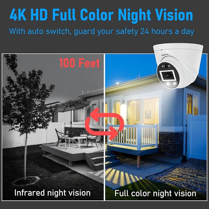 JideTech 8MP PoE IP Turret Camera Outdoor, Metal 4K IP Dome Camera Indoor, 2.8mm Lens Wide Angle, Human Vehicle Motion Detection, 98ft Dual Light Color Night Vision, IP66, RTSP,for Onvif NVR