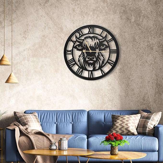 24Inch Large Wall Clocks Battery Operated,Farmhouse Black Metal Non-Ticking Wall Clock,Wall Clocks for Living Room Decor,Bedroom,Kitchen(Highland Bull Wall Clock, 24 Inch)