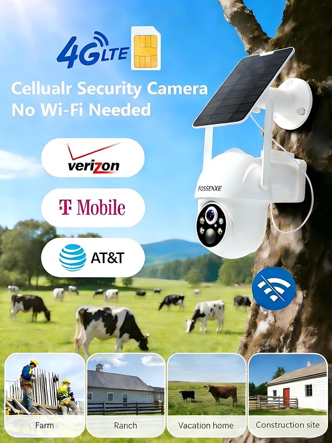 4G LTE Cellular Security Camera Includes 64GB Memory Card & SIM Card(Support Verizon/AT&T/T-Mobile), No WiFi Security Camera Solar Powered with 360° Live View, 2K Color Night Vision