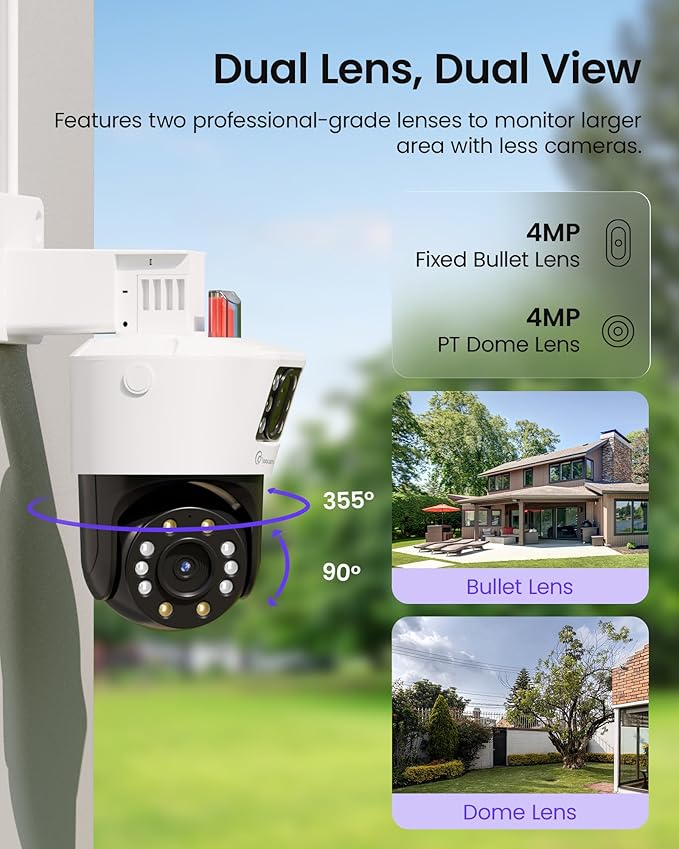 Loocam Dual-Lens 4K PoE Security Camera System, 4pcs Pan/Tilt CCTV Wired PoE IP Camera Outdoor Indoor, AI Person/Vehicle, Spotlight Siren, Color Night Vision, 8CH 8MP NVR with 2TB HDD