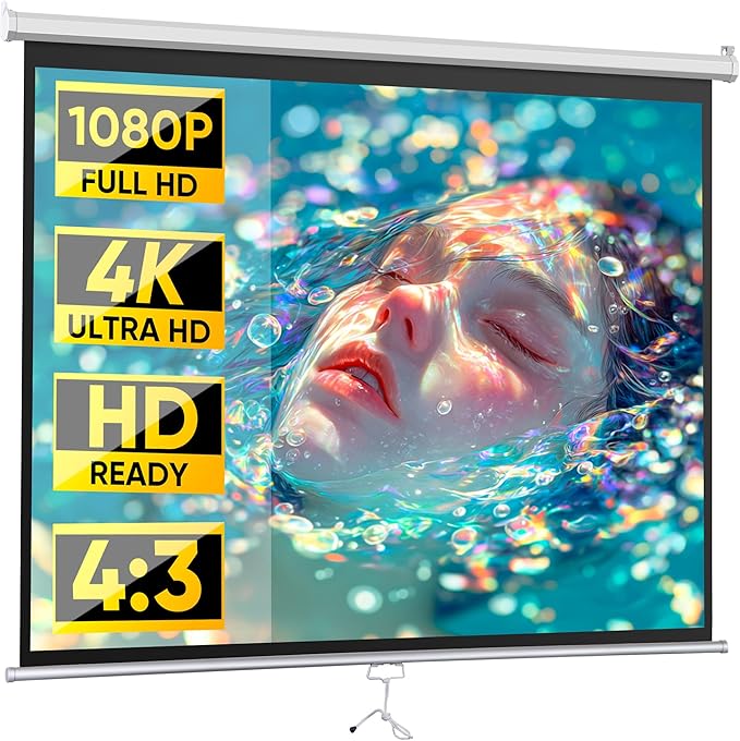 ZENY Portable Projector Screen Pull Down, 72 Inch 4:3 Video Projection Screen Home Theater, Retractable Projector Screen, Moive Screen Indoor Outdoor, Wall Mount (72'' 4:3 White)