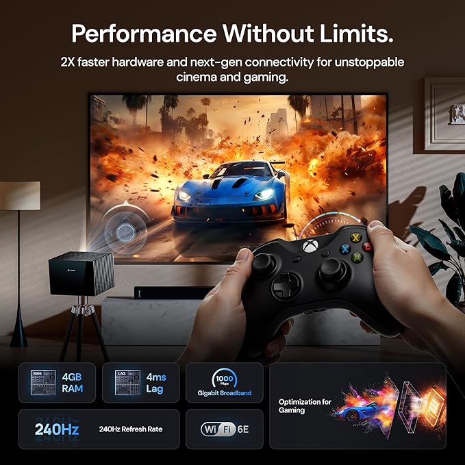 VisionMaster Max 4K Laser Projector, 3500 ISO Lumens, Anti-RBE, Speckle-Reduction, Flagship Black Level, 0.9–2.0:1 External Optical Zoom, 300", IMAX Enhanced, HDR10+, 3D, Gigabit 4ms 240Hz