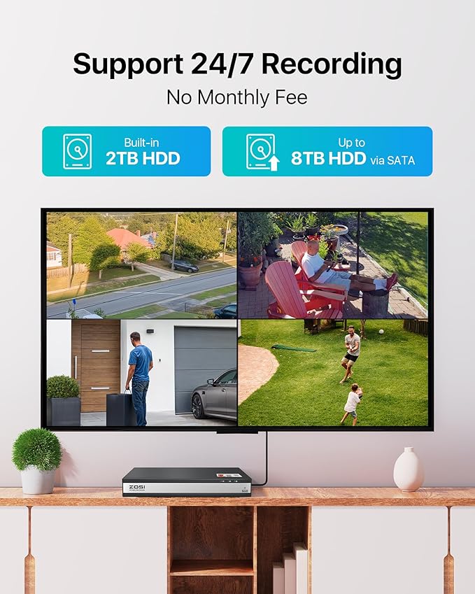ZOSI 3K Lite 16CH Security Camera System with AI Human Vehicle Detection,Night Vision,8pcs Wired 1080P Outdoor Indoor Weatherproof Cameras,H.265+ 16 Channel CCTV DVR with 2TB HDD for 24/7 Recording