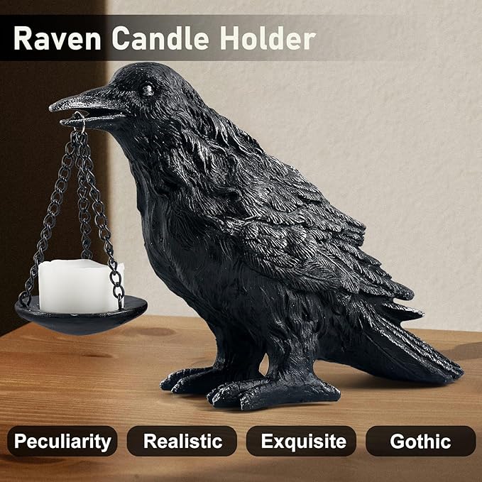 Raven Gothic Home Decor Fake Crow Light Holder Raven Lamp Tealight Candle Holder Resin Raven Statue Wearing Silver 2PCS