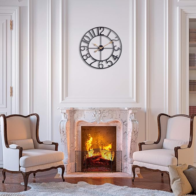 BEW 24 Inch Metal Clock, Large Cut-Out Farmhouse Decorative Wall Clock Battery Operated, Silent Non-Ticking Indoor Outdoor Iron Wall Clock for Living Room, Patio
