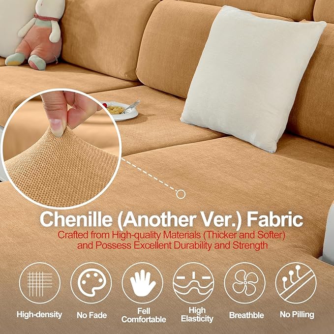 Large Backrest Cushion Covers Super Stretch Backrest Covers for 3 Cushion Couch Sofa, Couch Back Cushion Covers Featuring with Chenille Yarn (Softer Version, 3PC, Khaki)