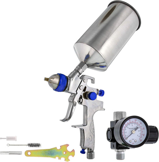TCP Global Professional HVLP Spray Gun 1.5mm - Gravity Feed Auto Paint Gun Kit for Basecoat, Clearcoat, Primer - Spray Guns Paint Sprayer with Air Compressor Regulator (G6600-13)