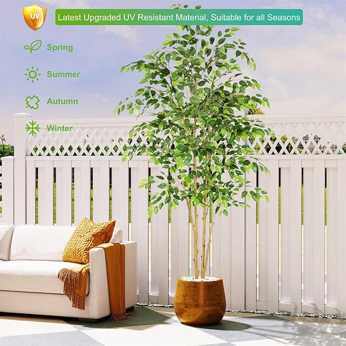 Tall UV Resistant Ficus Tree Artificial，8ft(96in) Realistic Texture Potted Faux Ficus Tree， Fake Trees Indoor Outdoor for Home Office Living Room Bedroom Foyer Porch Decor.