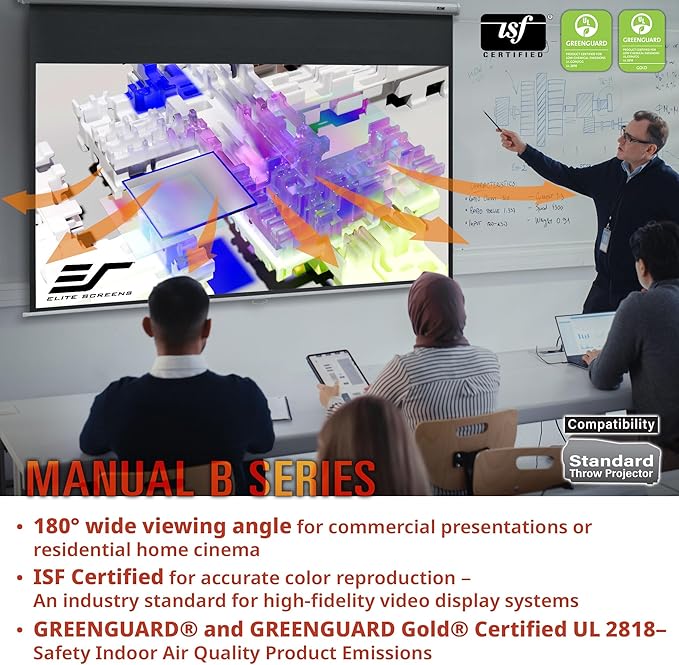 Elite Screens Manual B, 100-INCH 16:10, Manual Pull Down Projector Screen 4K / 8K Ultra HDR 3D Ready Auto-Lock Mechanism, 2-YEAR WARRANTY, M100X