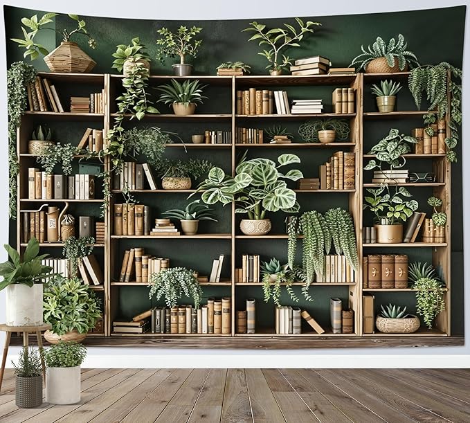 HVEST Green Plant Bookshelf Tapestry Book on Bookshelf and Plant Potted Tapestry Wall Hanging Reading Wall Decor for Study Room Bedroom Living Room College Dorm, 60L x 80W Inches