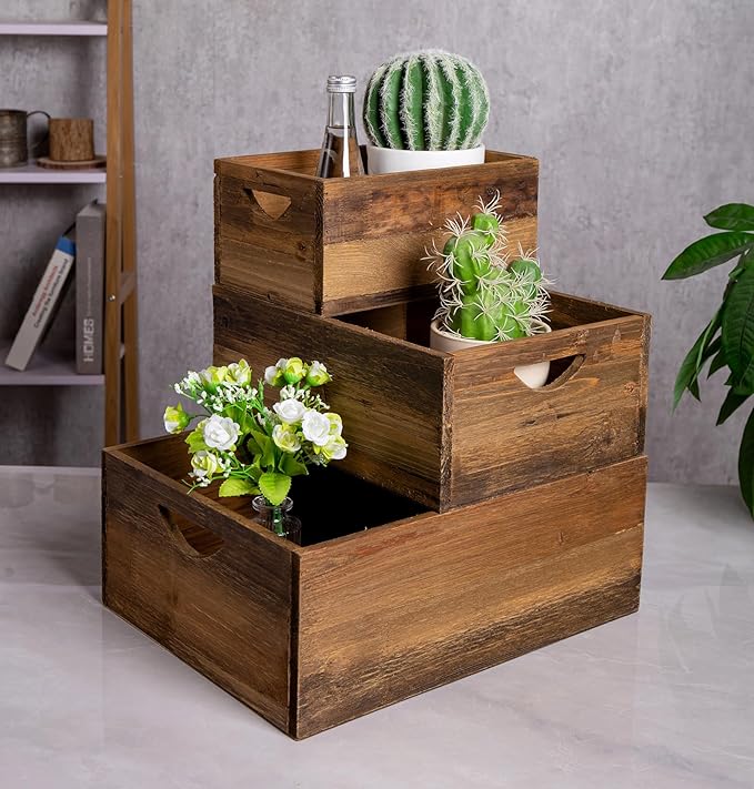TIMRIS Set of 3 Rustic Distressed Wood Nesting Crates, Farmhouse Decorative Wooden Storage Boxes, Vintage Reclaimed Wood Baskets for Display (Natural)