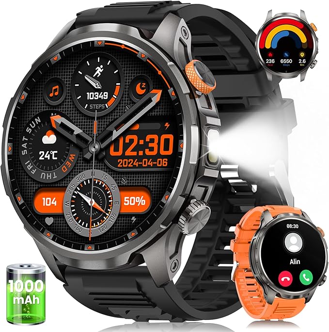 Military Smart Watches for Men, Smart Watch with 100 Days Battery/Flashlight/Heart Rate/Sleep/SpO2 Monitor/Calling/110+ Sports Mode, 5 ATM Rugged Men's Fitness Tracker Watch for Android iPhone(Black)