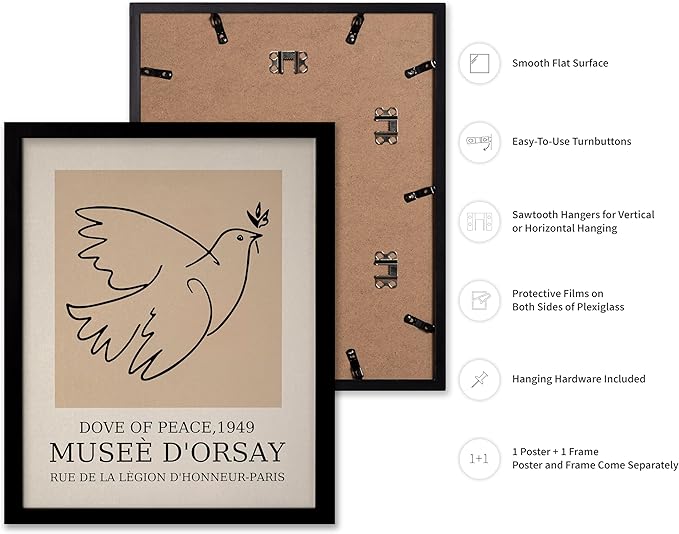 Poster Master Vintage Poster - Retro Minimalist Print - Gift for Artist, Friend - Dove Of Peace, Line Drawing, Sketch, Abstract - Wall Decor for Living Room, Bedroom, 11x14 Black Framed