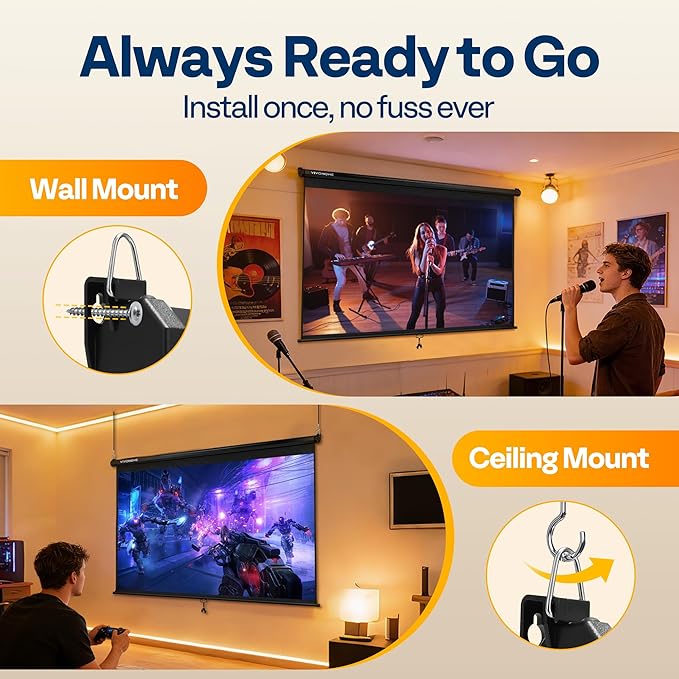VIVOHOME 80 Inch 16:9 Pull Down Projector Screen, HD 4K Retractable Movie Screen for Indoor Home Theater and Office, Manual Projection Screen with Auto Locking (70Wx40H Inch Display Area)