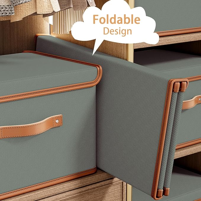 Tuza 4 Pack Storage Bins with Lids, Collapsible Closet Organizer Container, Fabric Organizer Box with Handles, Decorative Storage Boxes with Lids for Organizing Clothes, Blanket, Grey, Medium