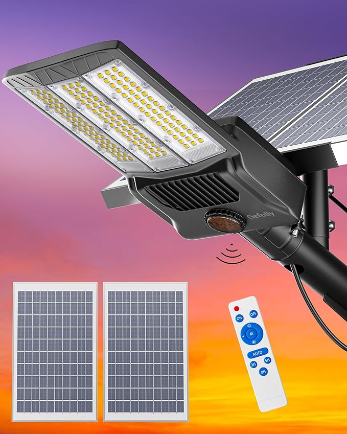 Gefolly SL-9800W Solar Street Lights Outdoor, 650000LM Commercial Parking Lot Light Dusk to Dawn IP67 Waterproof 6500K Security Flood Lights Lamp for Yard, Road, Basketball Courts
