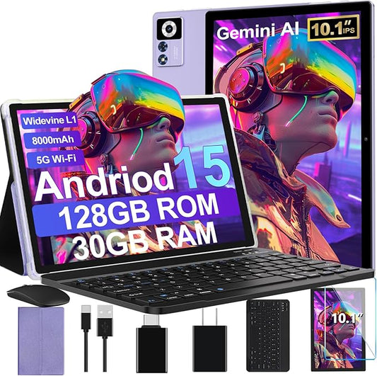 2025 Android 15 Tablet with Keyboard | Gemini AI, 30GB+128GB Octa-Core Electronics Tablets w/ 10 Inch IPS HD Display, 8000mAh, 5G WiFi, 1TB Expand, Mouse+Case, BT 5.0, Widevine L1, Metal Body -Purple