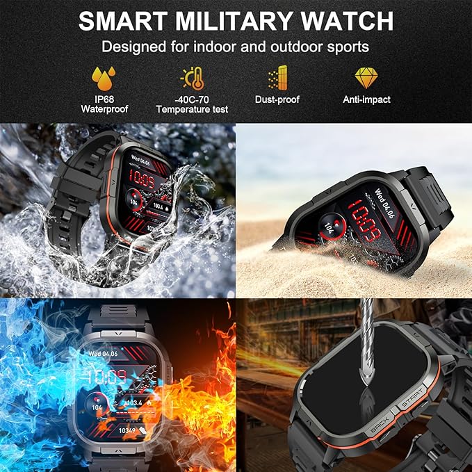Smart Watch for Men Fitness Tracker: Waterproof Make/Answer Call Military Digital Watches Run Smartwatch Android Phones iPhone Samsung Compatible Heart Rate Monitor Orange Black