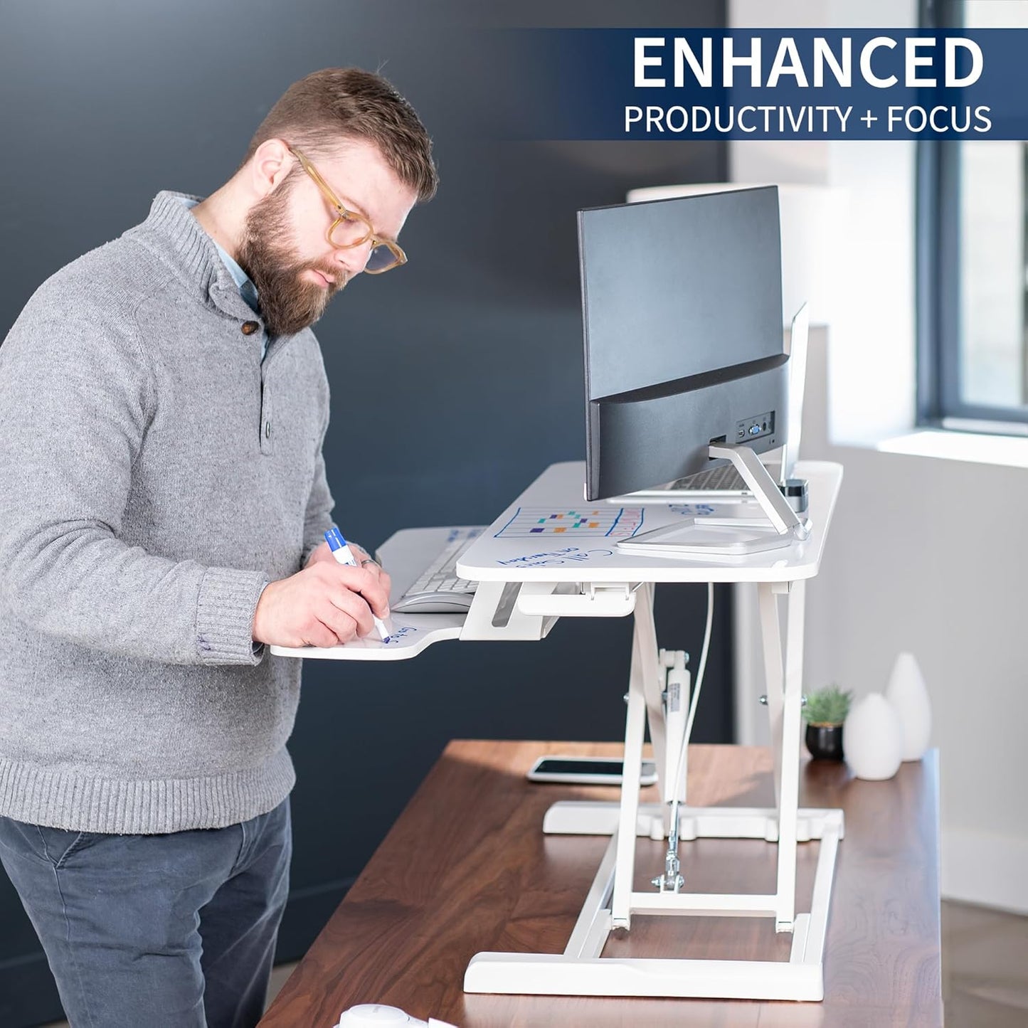 VIVO 36 inch Desk Converter, K Series, Height Adjustable Sit to Stand Riser, Dual Monitor and Laptop Workstation with Wide Keyboard Tray, White Dry Erase, DESK-V036KWE