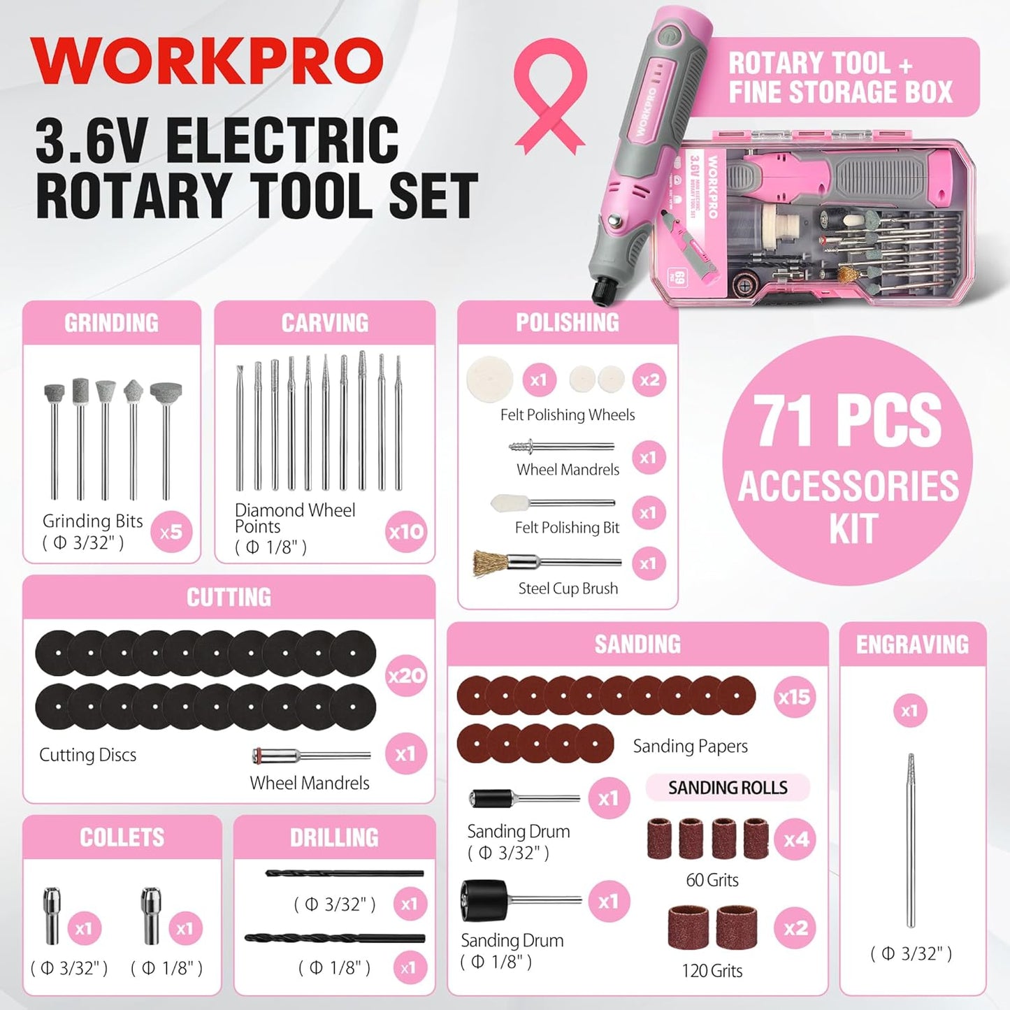 WORKPRO Cordless Rotary Tool Kit with 71pcs Accessories, 3 Variable Speeds, USB Rechargeable Mini Rotary Tool for Engraving, Sanding, Polishing, Carving, Cutting, DIY Crafts - Pink Ribbon
