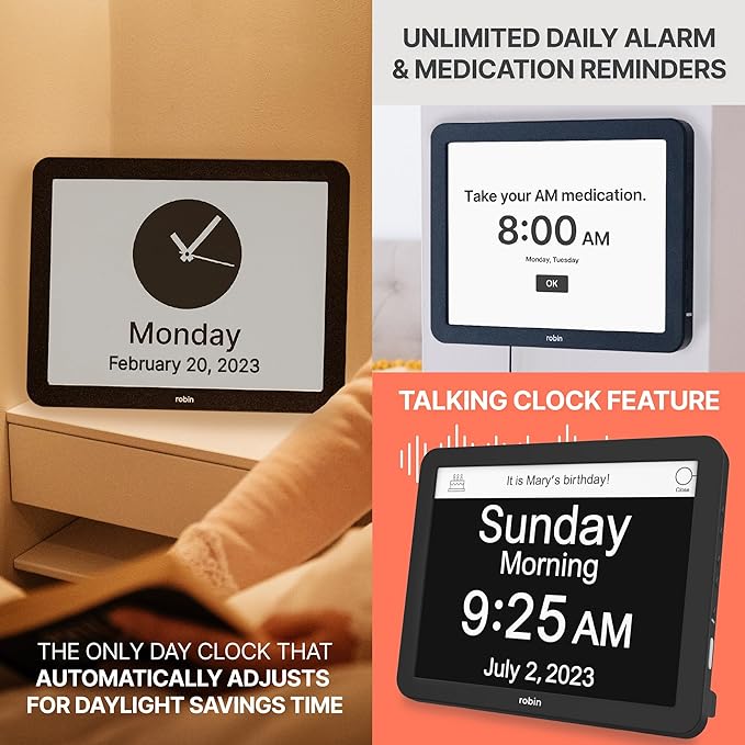 Robin Extra Large Day & Date Digital Clock for Elderly & Seniors with Dementia, Black, 15" Wide