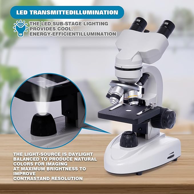 SELFIE CAT Laboratory Microscope for School, Binocular Compound Microscope 200X-5000X Magnification for Adults, Microscopes Kit with Electronic Eyepieces and Wide Field Lab Equipment