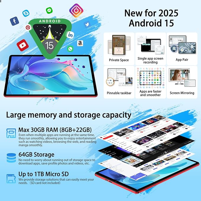 2025 Android 15 Tablet with Keyboard, 10.1 Inch Tablets FHD Display 30GB RAM 64GB ROM 1TB Expand, Octa-Core 2.0GHz, Widevine L1, 6000mAh Battery, 5G WiFi & GPS, Gemini AI, 2-in-1 Tableta PC - Red
