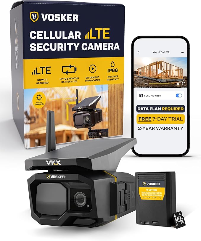 Vosker VKX Construction Pack Solar 4G LTE Security Camera, Wireless Outdoor Surveillance for Remote Construction Sites - No Wi-Fi Needed, SIM Card Included Night Vision, IP65 Weather-Resistant