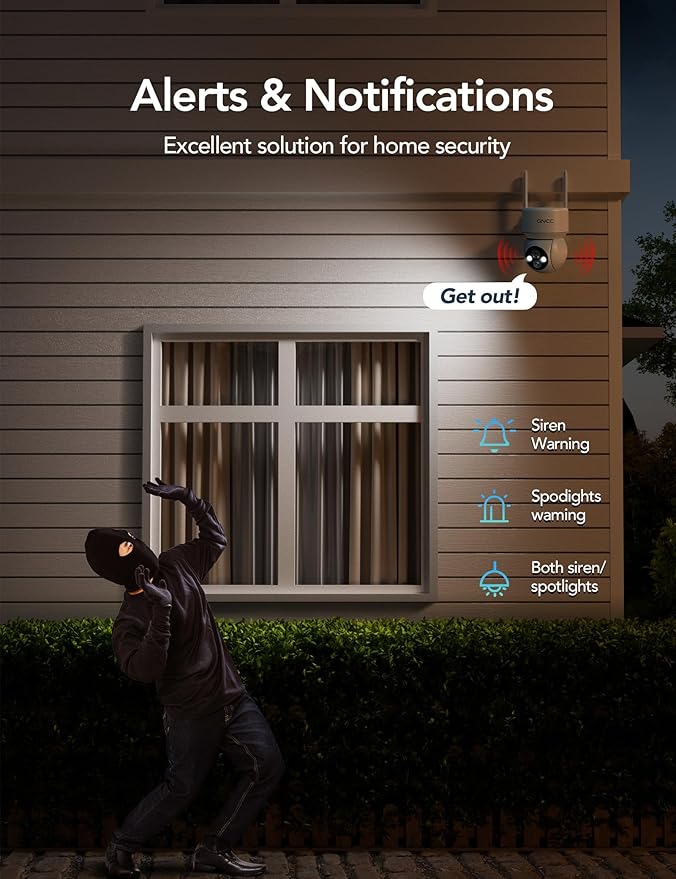 GNCC Solar Security Camera Wireless Outdoor 2.4G WiFi, 360° View, Solar/Battery Powered, AI Human Detection, Color Night Vision, 2-Way Audio, Spotlight Siren Alarm, IP65 Waterproof, SD/Cloud Storage