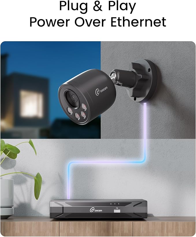 Loocam 4K Security Camera System 8CH H.265+NVR with 2TB HDD, 4pcs 8MP Wired PoE Camera System AI Human Vehicle Detection, Outdoor Indoor Home Camera System with Audio, Night Vision, 24/7 Recording