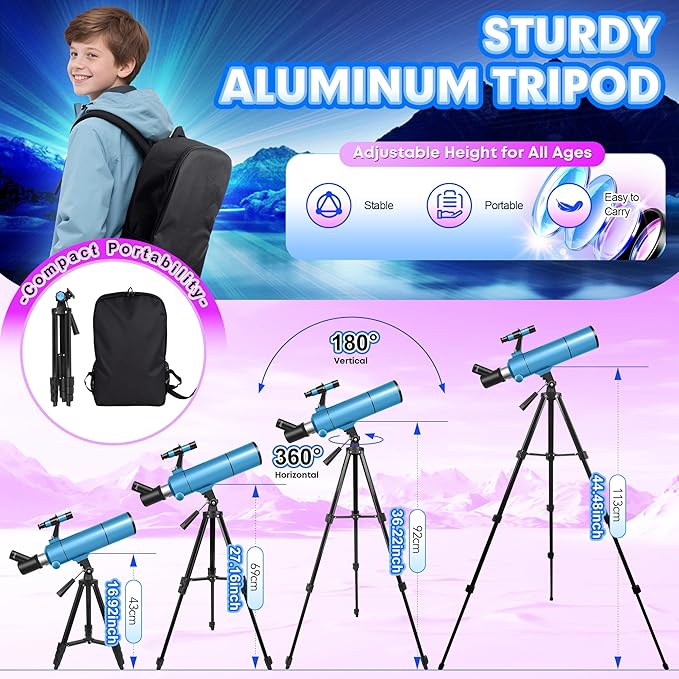 Telescope for Adults & Kids, 80mm Aperture 500mm (20X-150X) Professional Refractor Telescope for Astronomy Beginners, Portable Travel Telescopes with Tripod Phone Adapter, Stickers, Backpack