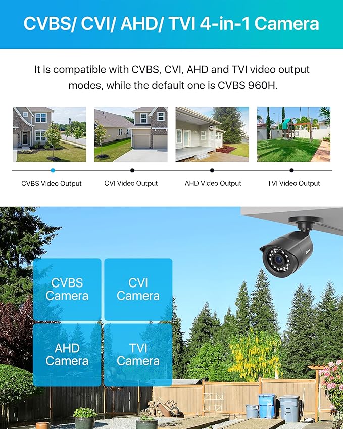 ZOSI 2.0MP 1080p 1920TVL Outdoor Indoor Security Camera,Hybrid 4-in-1 TVI/CVI/AHD/CVBS CCTV Camera,80ft IR Night Vision Weatherproof For 960H,720P,1080P,5MP,4K analog Home Surveillance DVR System