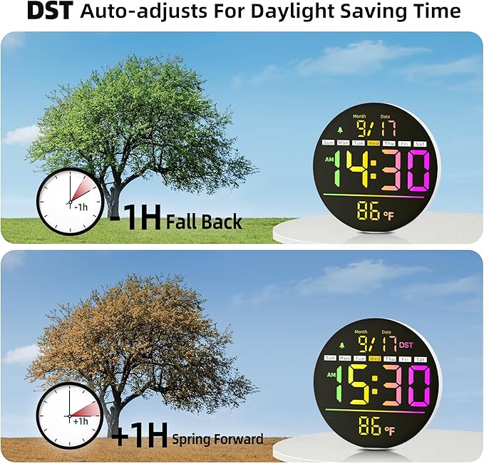 Digital Wall Clock, 8'' Round Digital Clock with Large Display, 11RGB Colors,Remote Control, Auto-Brightness,Temperature,DST,Night Light, Alarm, Count Down Timer for Classroom/Bedroom/Office